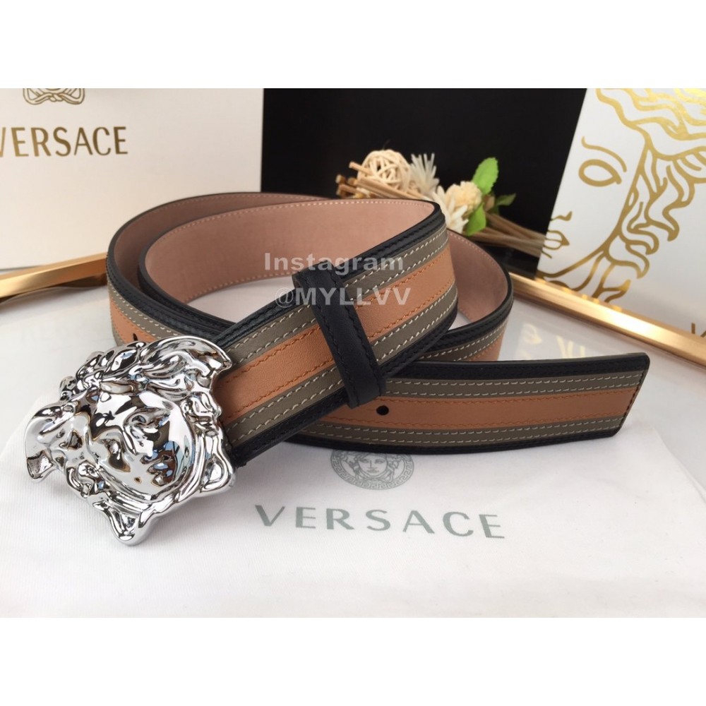Versace Brown Calf Leather Silver Medusa Buckle 40mm Belt