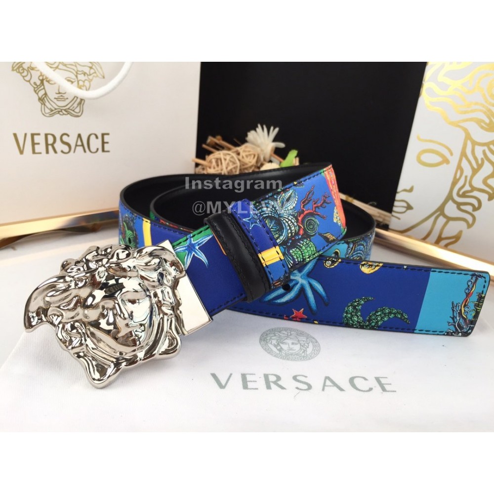 Versace Fashion Printed Calf Leather Silver Medusa Buckle 40mm Belt Blue