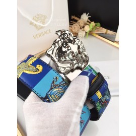Versace Fashion Printed Calf Leather Silver Medusa Buckle 40mm Belt Blue