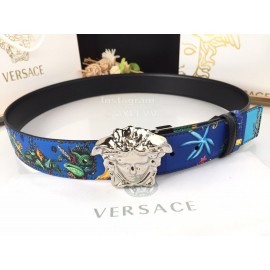 Versace Fashion Printed Calf Leather Silver Medusa Buckle 40mm Belt Blue