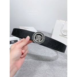 Versace Embossed Calf Leather Round Silver Medusa Buckle 40mm Belt 
