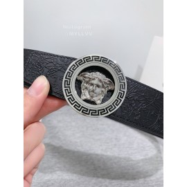 Versace Embossed Calf Leather Round Silver Medusa Buckle 40mm Belt 