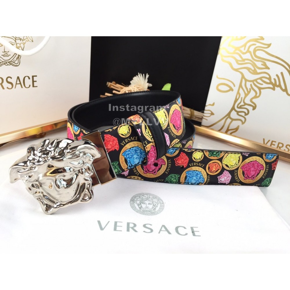 Versace New Printed Calf Leather Silver Medusa Buckle 40mm Belt
