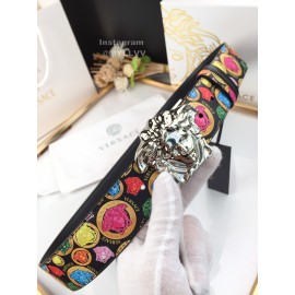 Versace New Printed Calf Leather Silver Medusa Buckle 40mm Belt