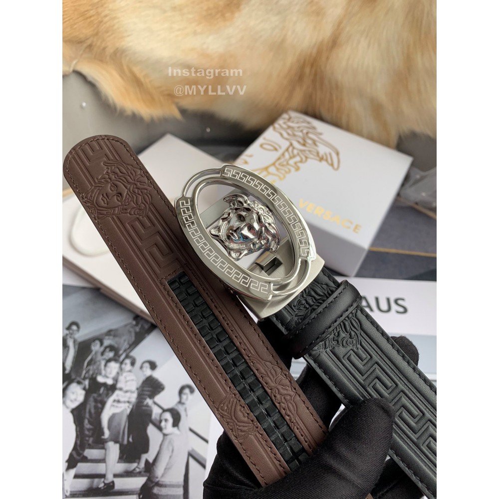 Versace Embossed Calf Leather Automatic Steel Silver Buckle 35mm Belt For Men