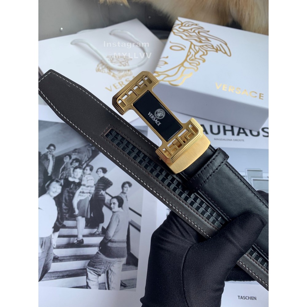 Versace Calf Leather Automatic Steel Gold Buckle 35mm Belt For Men