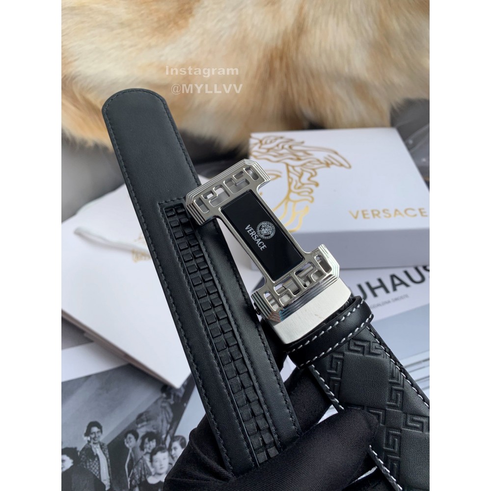 Versace Calf Leather Automatic Steel Silver Buckle 35mm Belt For Men