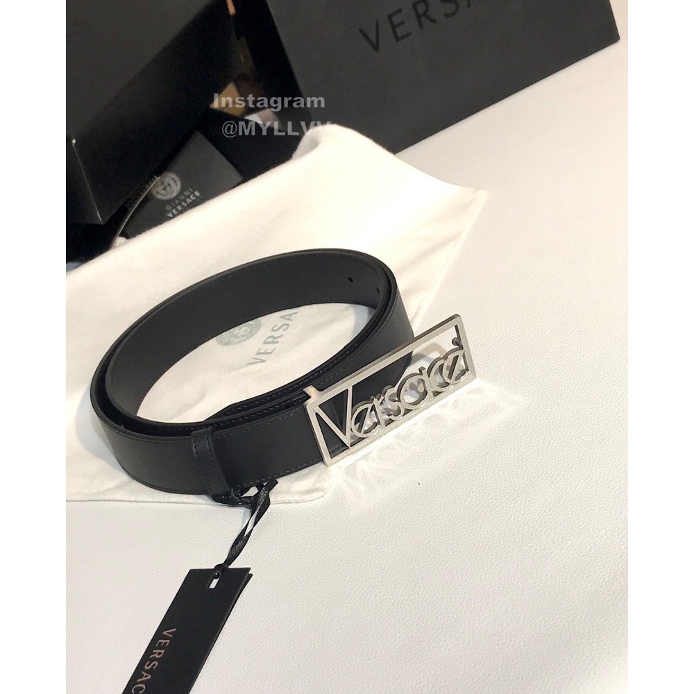 Versace Black Calf Leather Silver Letter Hollow Steel Buckle 35mm Belt