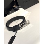 Versace Black Calf Leather Silver Letter Hollow Steel Buckle 35mm Belt