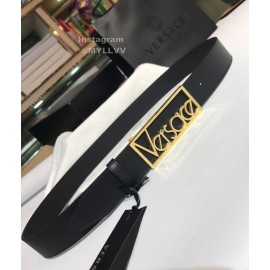 Versace Black Calf Leather Gold Letter Hollow Steel Buckle 35mm Belt