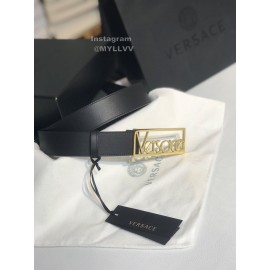 Versace Black Calf Leather Gold Letter Hollow Steel Buckle 35mm Belt