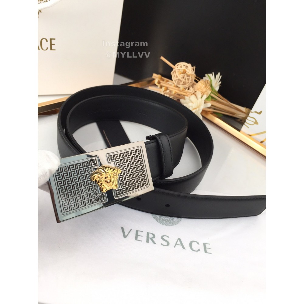 Versace Black Calf Leather Gold Medusa Square Steel Buckle 35mm Belt