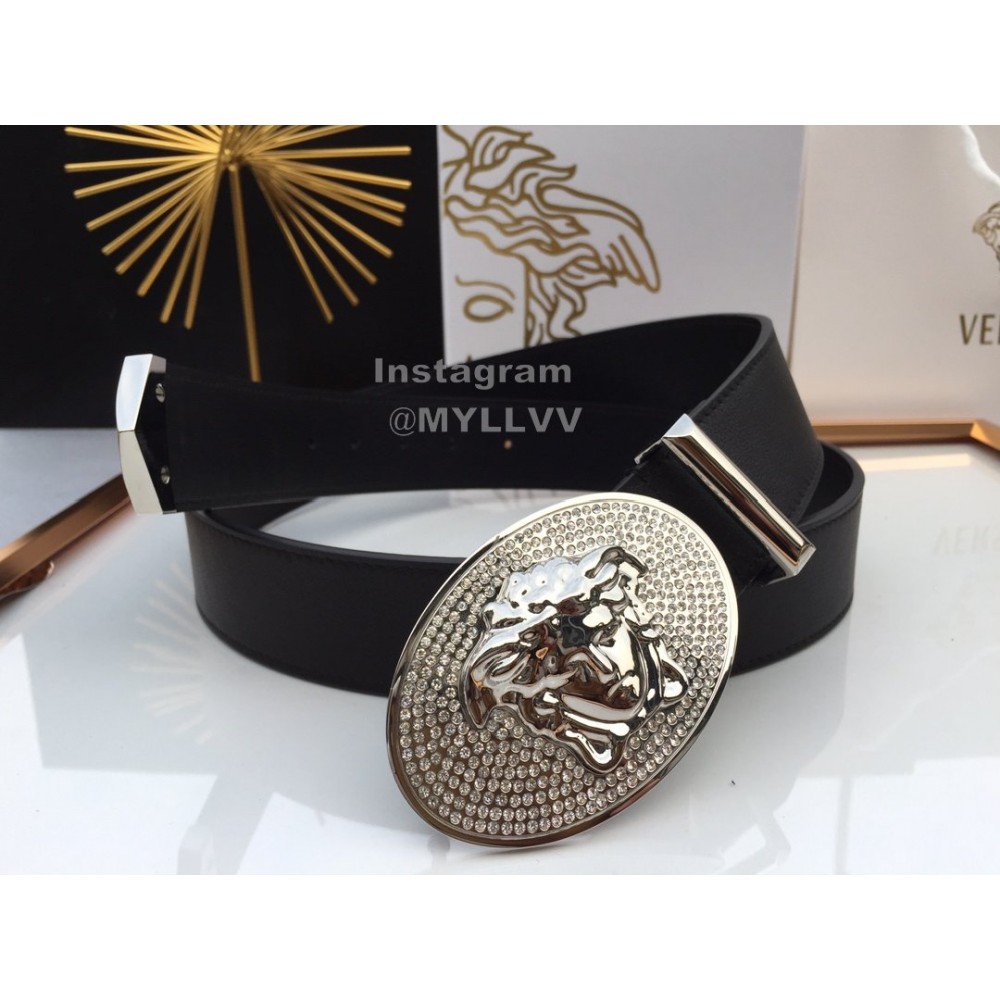 Versace Black Calf Leather Silver Crystal Medusa Buckle 40mm Belt