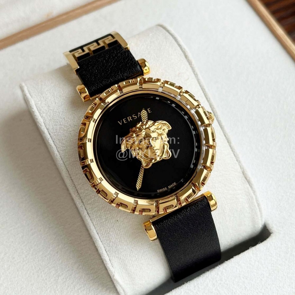 Versace Sapphire Crystal Medusa Heads Leather Strap Watch Black