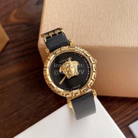 Versace Sapphire Crystal Medusa Heads Leather Strap Watch Black