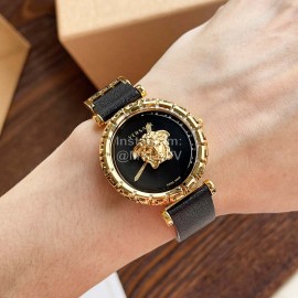 Versace Sapphire Crystal Medusa Heads Leather Strap Watch Black