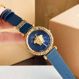 Versace Sapphire Crystal Medusa Heads Leather Strap Watch Navy