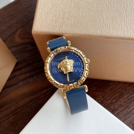 Versace Sapphire Crystal Medusa Heads Leather Strap Watch Navy