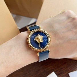 Versace Sapphire Crystal Medusa Heads Leather Strap Watch Navy