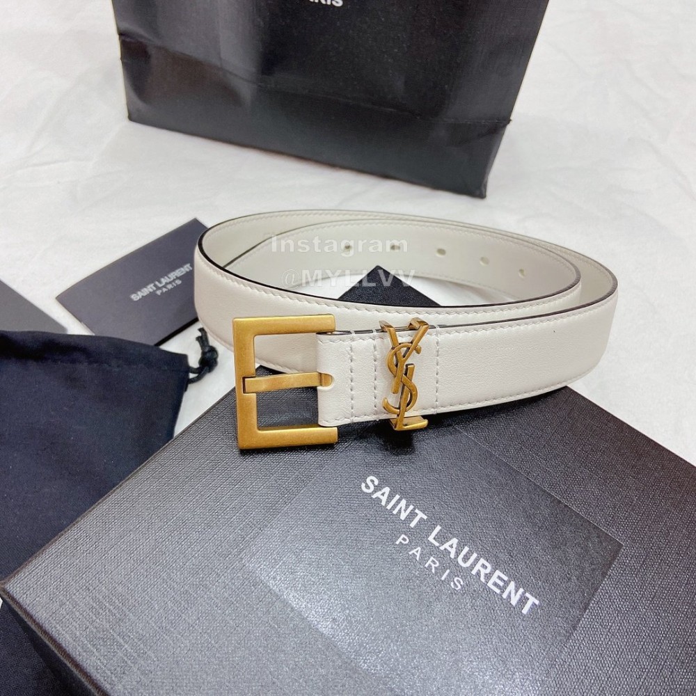 Ysl Plain Calf Vintage Gold Pin Buckle 30mm Belt For Women White