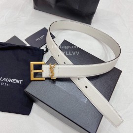 Ysl Plain Calf Vintage Gold Pin Buckle 30mm Belt For Women White
