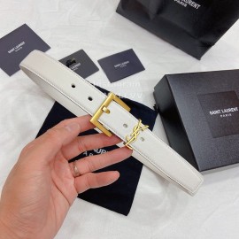 Ysl Plain Calf Vintage Gold Pin Buckle 30mm Belt For Women White
