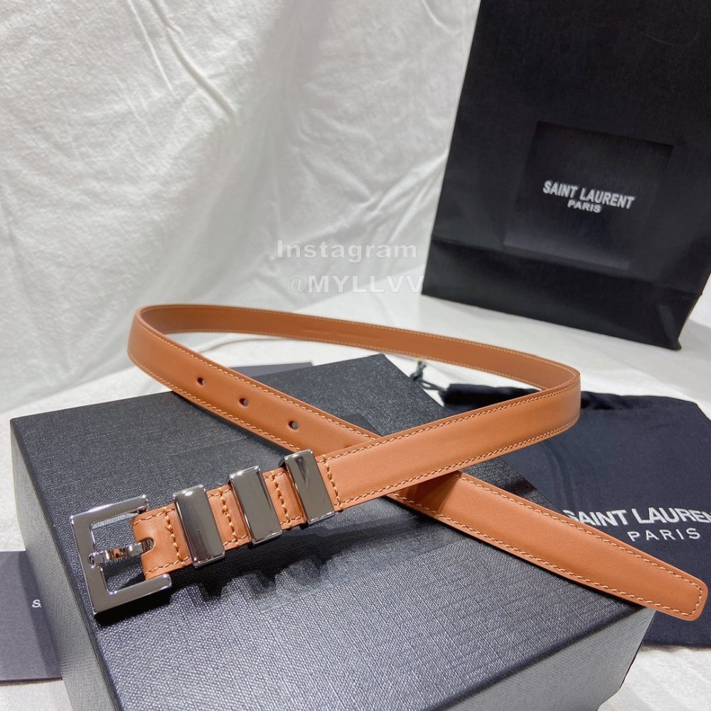 Ysl Nappa Calf Leather Silver Pin Buckle 20mm Belt For Women Brown