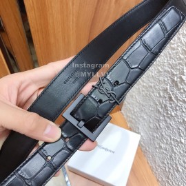 Ysl Black Calf Leather Vintage Black Buckle 30mm Belt For Women 