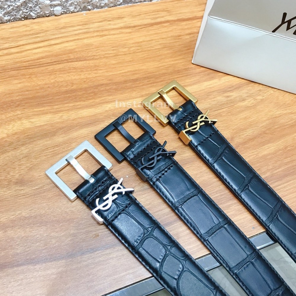 Ysl Black Calf Leather Vintage Gold Buckle 30mm Belt For Women 