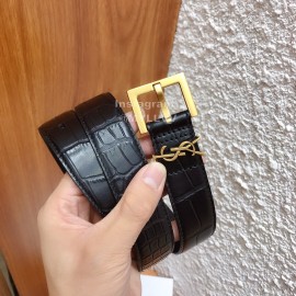 Ysl Black Calf Leather Vintage Gold Buckle 30mm Belt For Women 