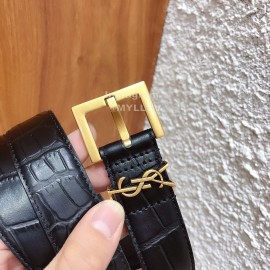 Ysl Black Calf Leather Vintage Gold Buckle 30mm Belt For Women 