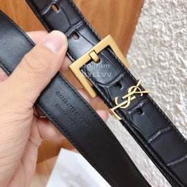 Ysl Black Calf Leather Vintage Gold Buckle 30mm Belt For Women 