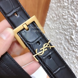 Ysl Black Calf Leather Vintage Gold Buckle 30mm Belt For Women 