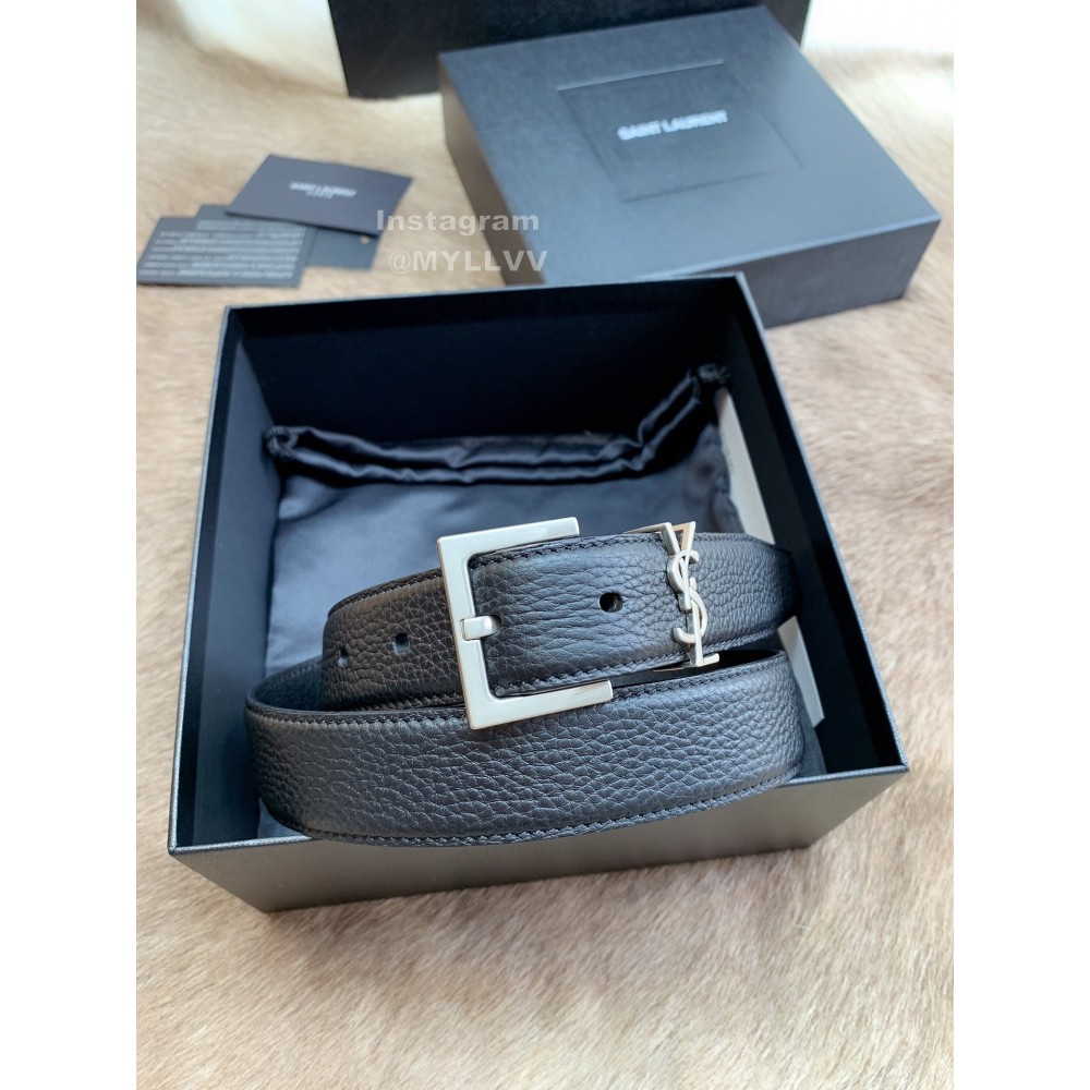 Ysl Black Calf Leather Vintage Silver Pin Buckle 30mm Belt 