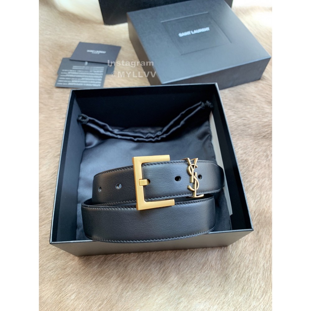 Ysl New Black Calf Leather Vintage Gold Pin Buckle 30mm Belt 