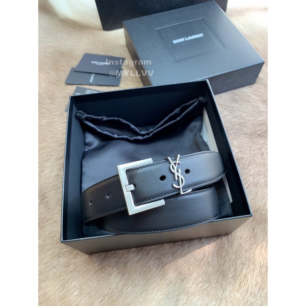 Ysl New Black Calf Leather Vintage Silver Pin Buckle 30mm Belt 