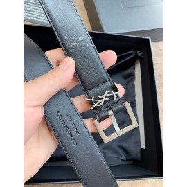 Ysl New Black Calf Leather Vintage Silver Pin Buckle 30mm Belt 