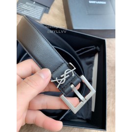 Ysl New Black Calf Leather Vintage Silver Pin Buckle 30mm Belt 