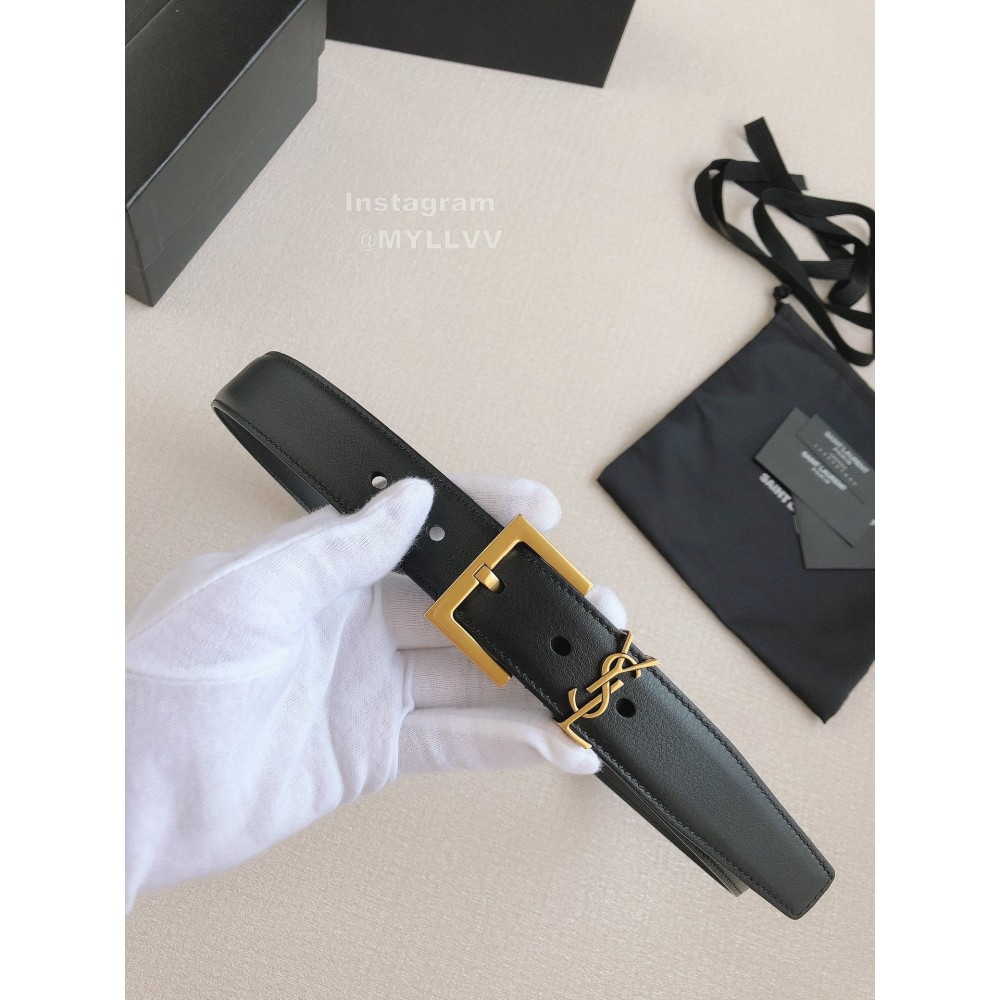 Ysl Black Calf Leather Gold Bronze Buckle Belt
