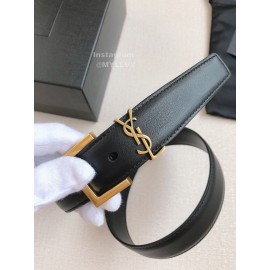 Ysl Black Calf Leather Gold Bronze Buckle Belt