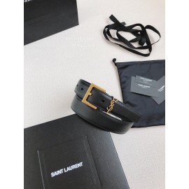 Ysl Black Calf Leather Gold Bronze Buckle Belt