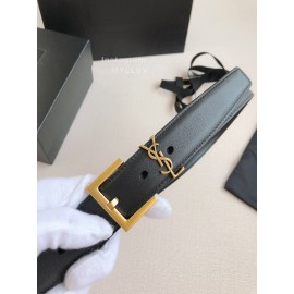 Ysl Black Calf Leather Gold Bronze Buckle Belt