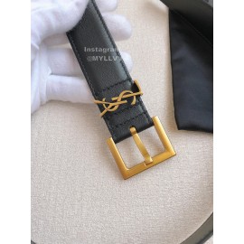 Ysl Black Calf Leather Gold Bronze Buckle Belt