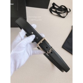 Ysl Black Calf Leather Silver Bronze Buckle Belt