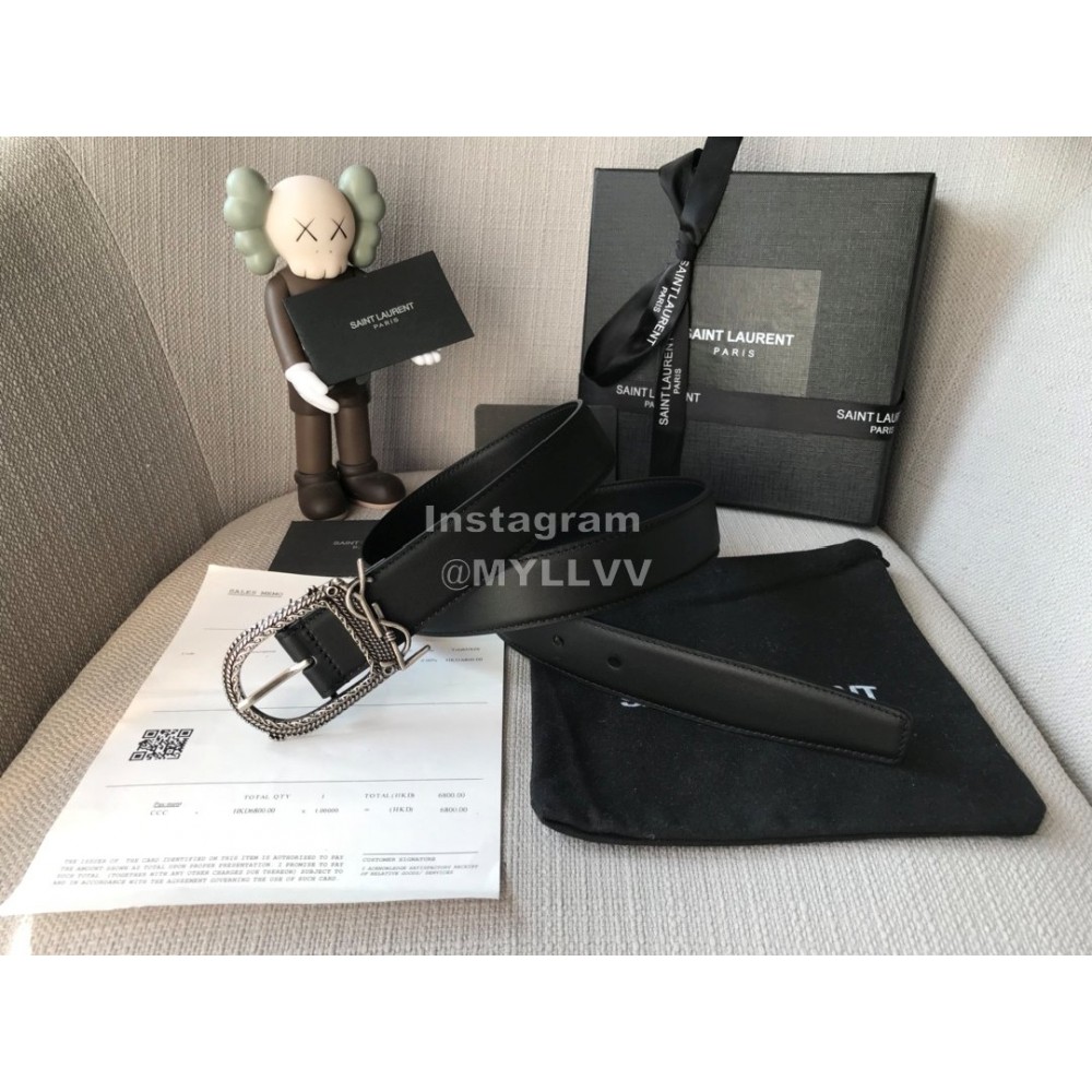 Ysl Black Plaid Calf Leather Vintage Silver Buckle 30mm Belt