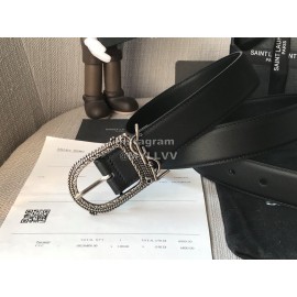 Ysl Black Plaid Calf Leather Vintage Silver Buckle 30mm Belt