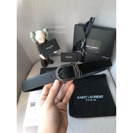 Ysl Black Plaid Calf Leather Vintage Silver Buckle 30mm Belt