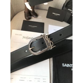 Ysl Black Plaid Calf Leather Vintage Silver Buckle 30mm Belt