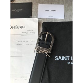 Ysl Black Plaid Calf Leather Vintage Silver Buckle 30mm Belt