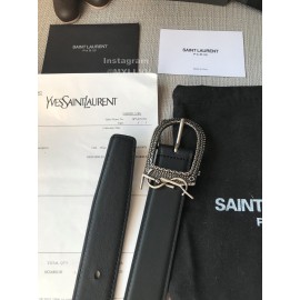 Ysl Black Plaid Calf Leather Vintage Silver Buckle 30mm Belt